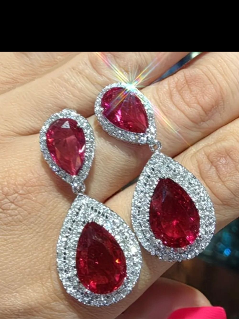 Ruby Red Diamond Teardrop Accented Dangle Evening Statement Earrings
